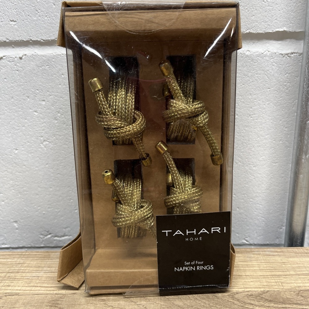 NEW SET OF 4 Gold TONE KNOTTED ROPE / STRING SHAPE NAPKIN RINGS‎ IN BOX